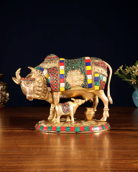 Handcrafted Brass Cow and Calf Statue with Carvings 8.5" - Budhshiv.com