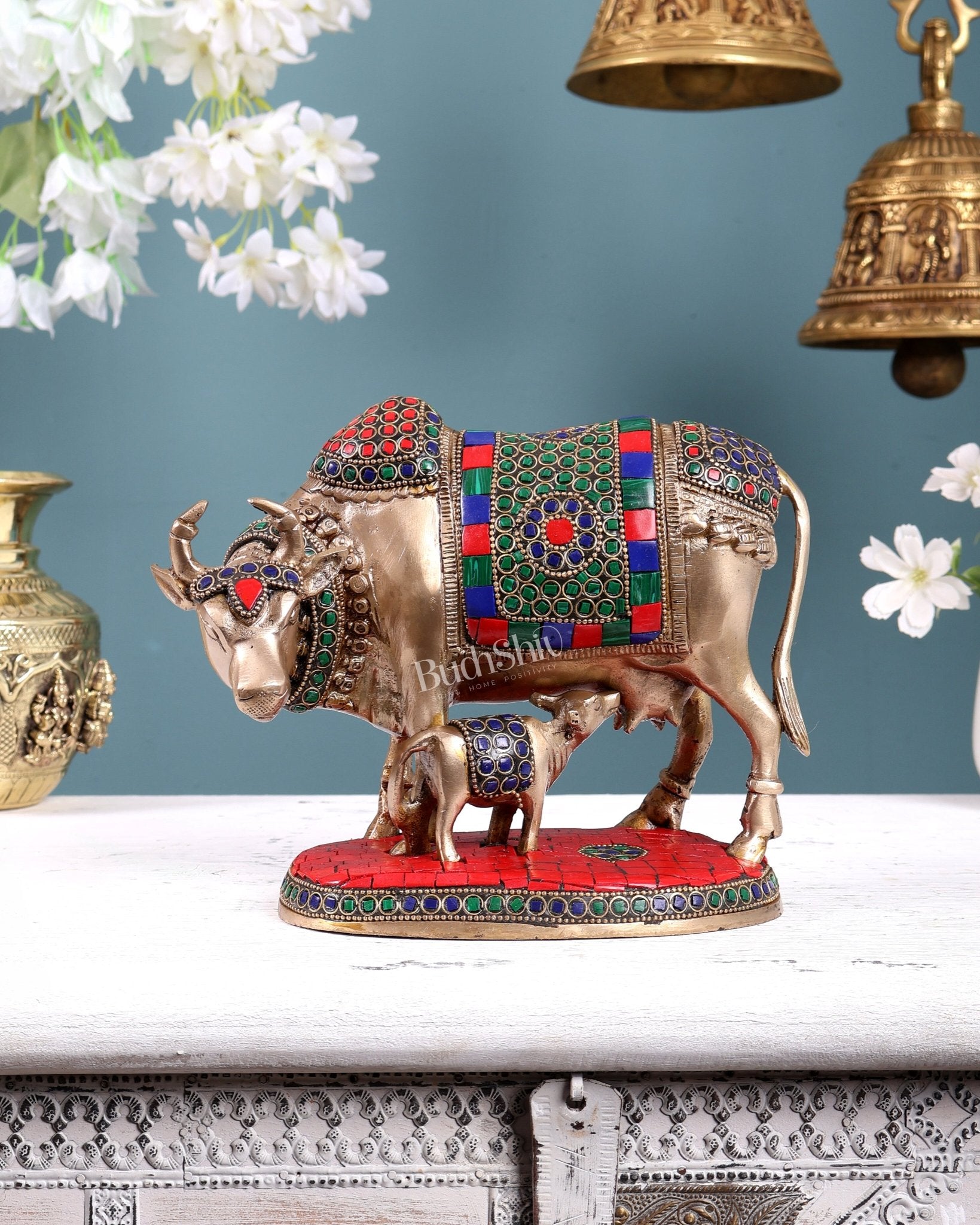Handcrafted Brass Cow and Calf Statue with stonework 8.5" - Budhshiv.com
