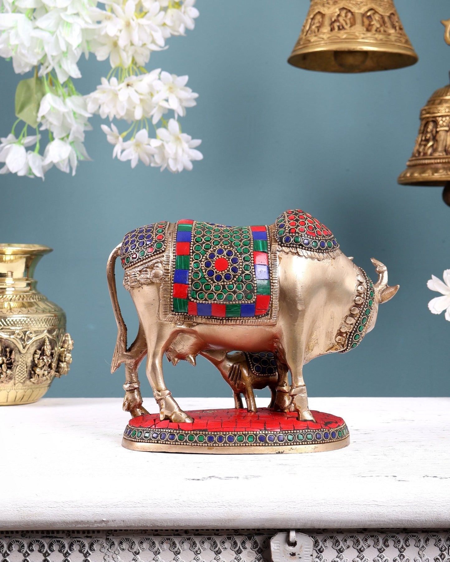 Handcrafted Brass Cow and Calf Statue with stonework 8.5" - Budhshiv.com