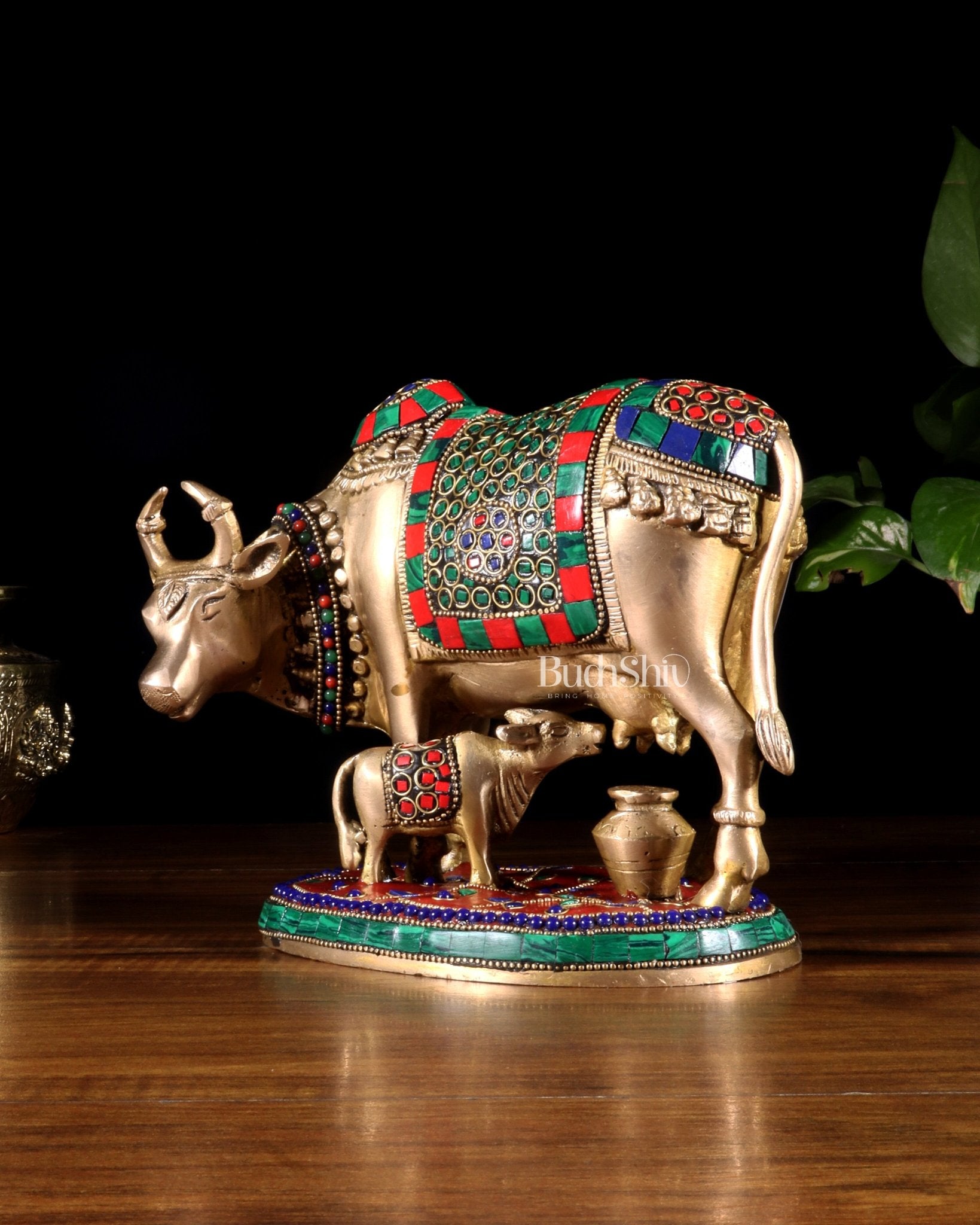 Handcrafted Brass Cow and Calf Statue with stonework 8.5" - Budhshiv.com