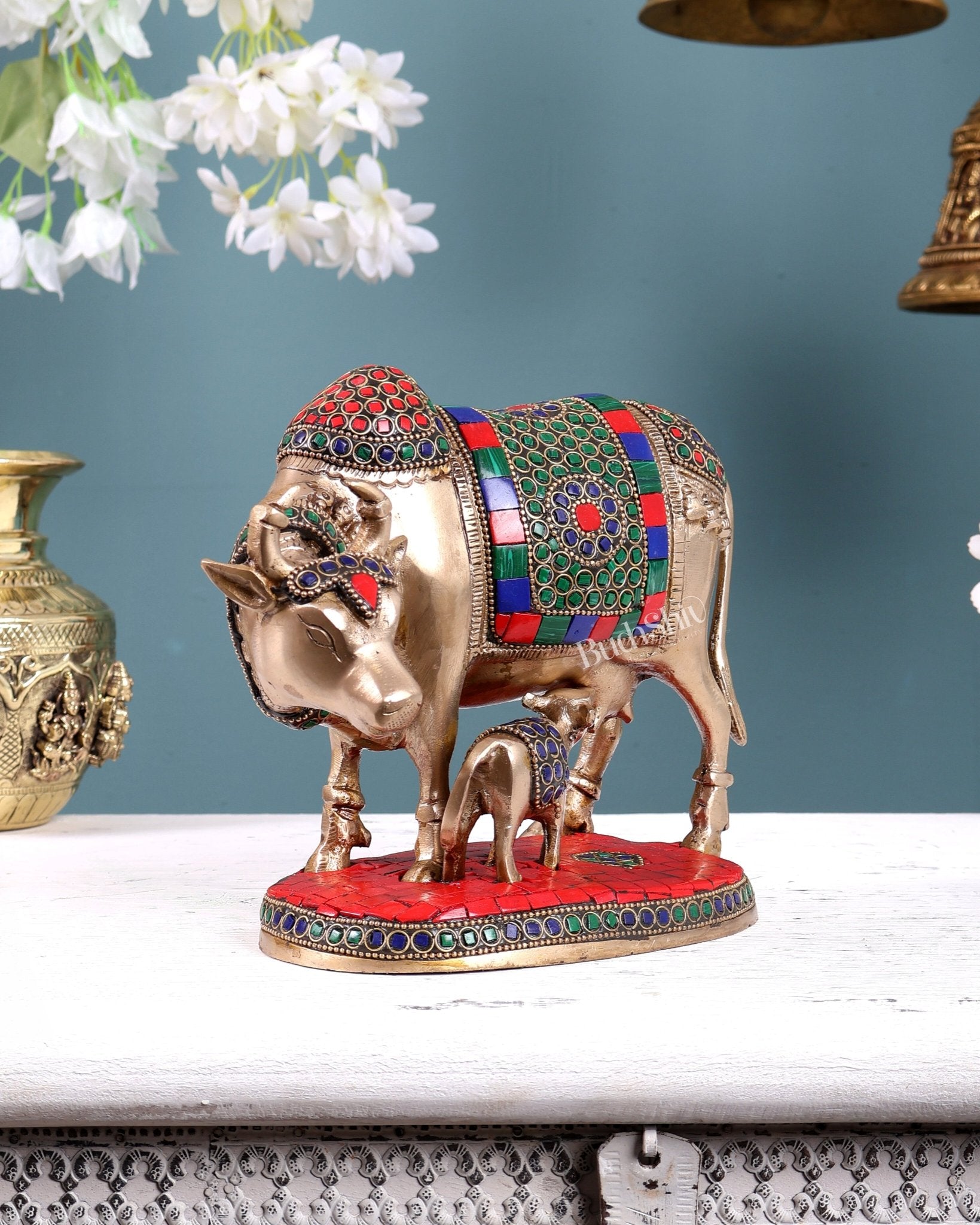 Handcrafted Brass Cow and Calf Statue with stonework 8.5" - Budhshiv.com
