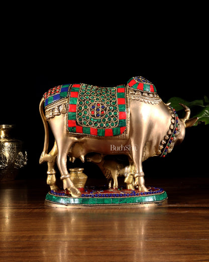 Handcrafted Brass Cow and Calf Statue with stonework 8.5" - Budhshiv.com