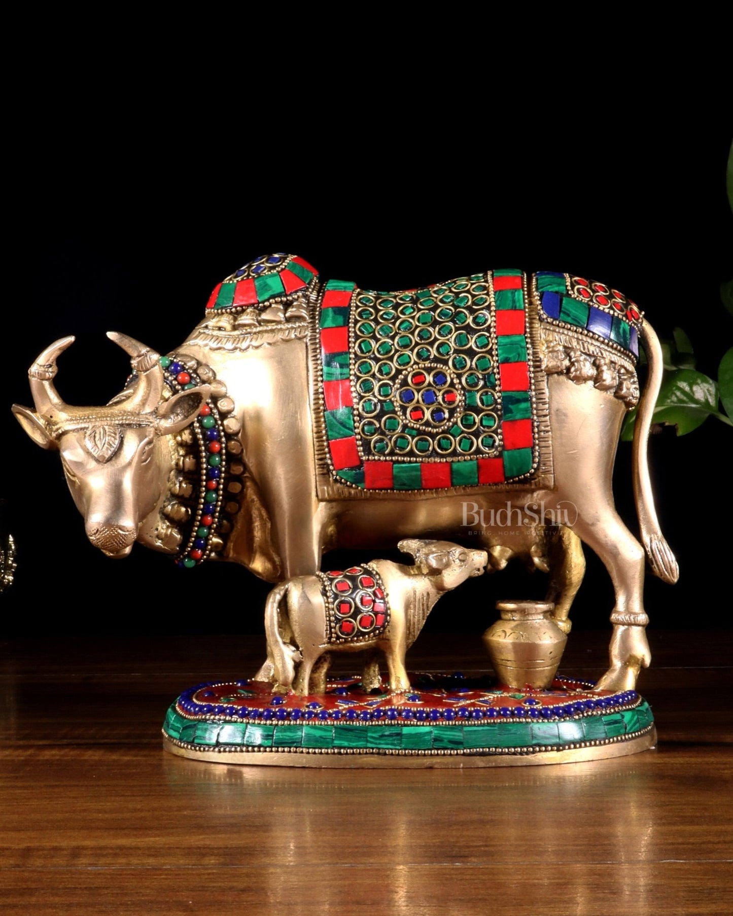 Handcrafted Brass Cow and Calf Statue with stonework 8.5" - Budhshiv.com
