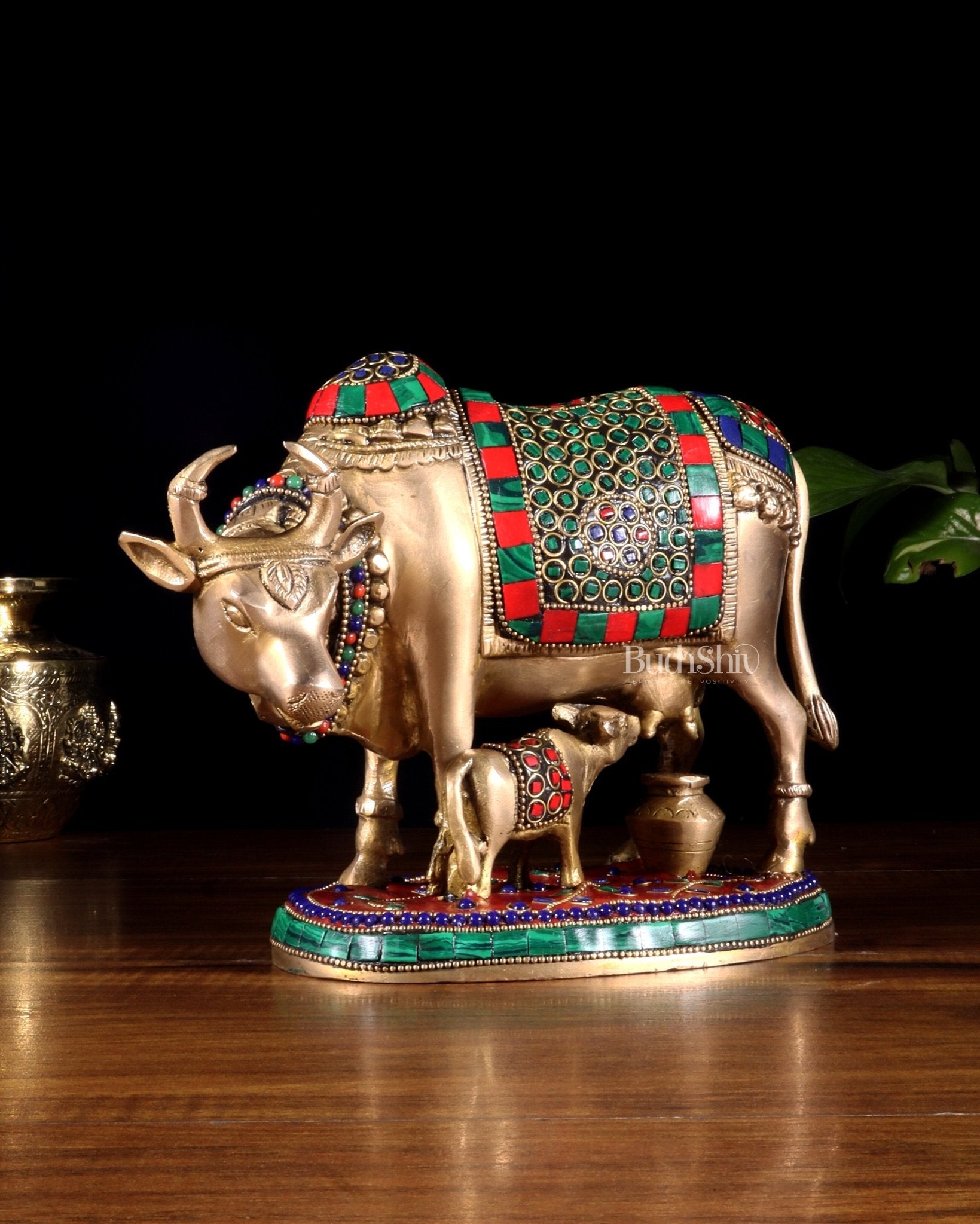 Handcrafted Brass Cow and Calf Statue with stonework 8.5" - Budhshiv.com