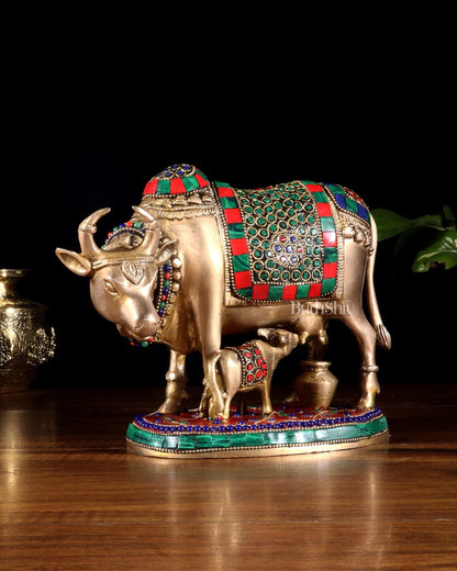 Handcrafted Brass Cow and Calf Statue with stonework 8.5" - Budhshiv.com