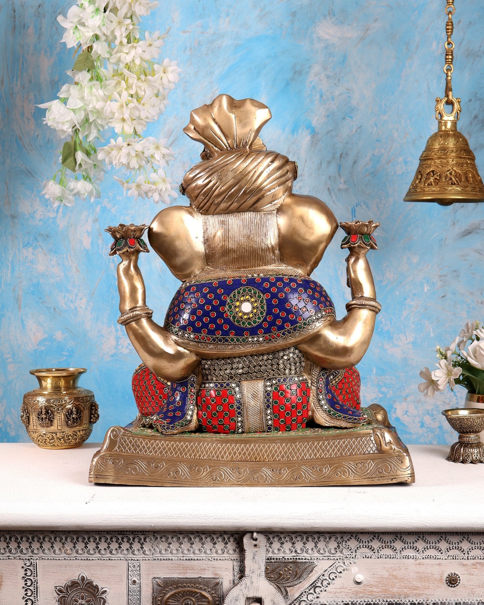 Handcrafted Brass Dagduseth Ganapati Statue - 19 inch with Stonework - Budhshiv.com