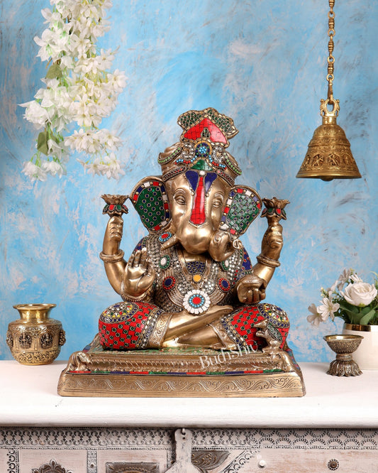 Handcrafted Brass Dagduseth Ganapati Statue - 19 inch with Stonework - Budhshiv.com