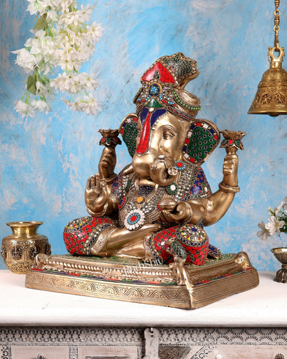 Handcrafted Brass Dagduseth Ganapati Statue - 19 inch with Stonework - Budhshiv.com