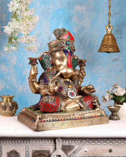 Handcrafted Brass Dagduseth Ganapati Statue - 19 inch with Stonework - Budhshiv.com