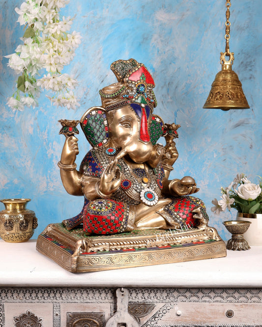 Handcrafted Brass Dagduseth Ganapati Statue - 19 inch with Stonework - Budhshiv.com