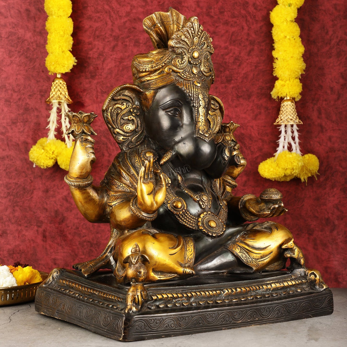 Handcrafted Brass Dagduseth Ganapati Statue - 20 inch black tone - Budhshiv.com