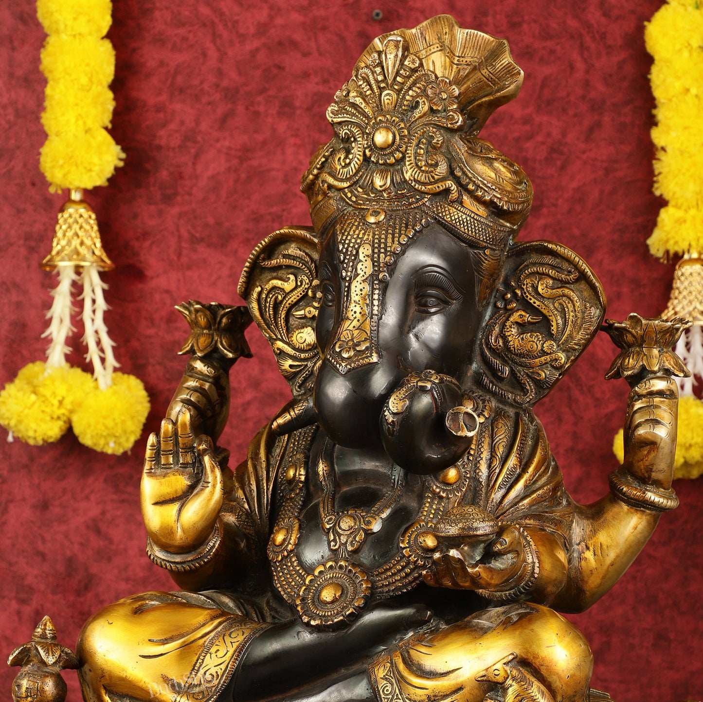 Handcrafted Brass Dagduseth Ganapati Statue - 20 inch black tone - Budhshiv.com