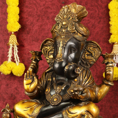Handcrafted Brass Dagduseth Ganapati Statue - 20 inch black tone - Budhshiv.com