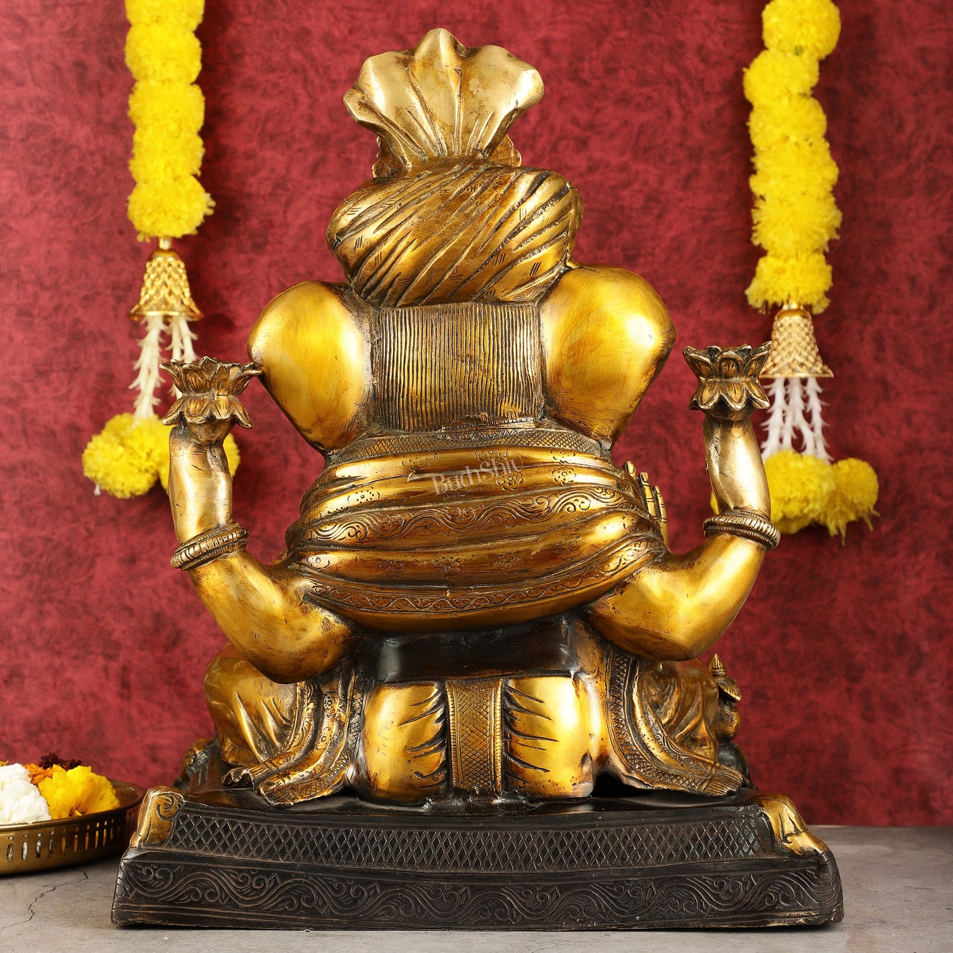 Handcrafted Brass Dagduseth Ganapati Statue - 20 inch black tone - Budhshiv.com