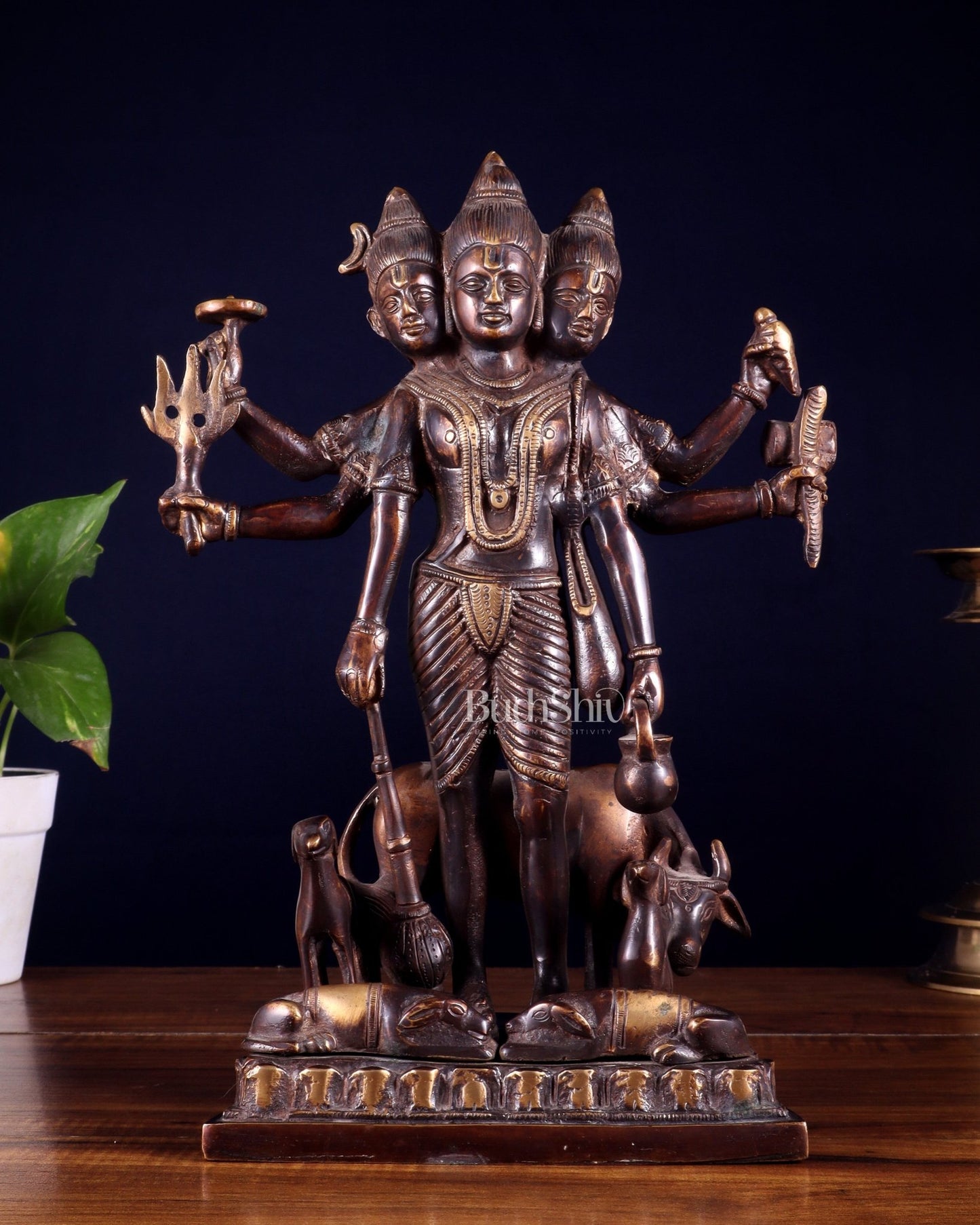 Handcrafted Brass Dattatreya Idol - 12.5 Inch - Budhshiv.com