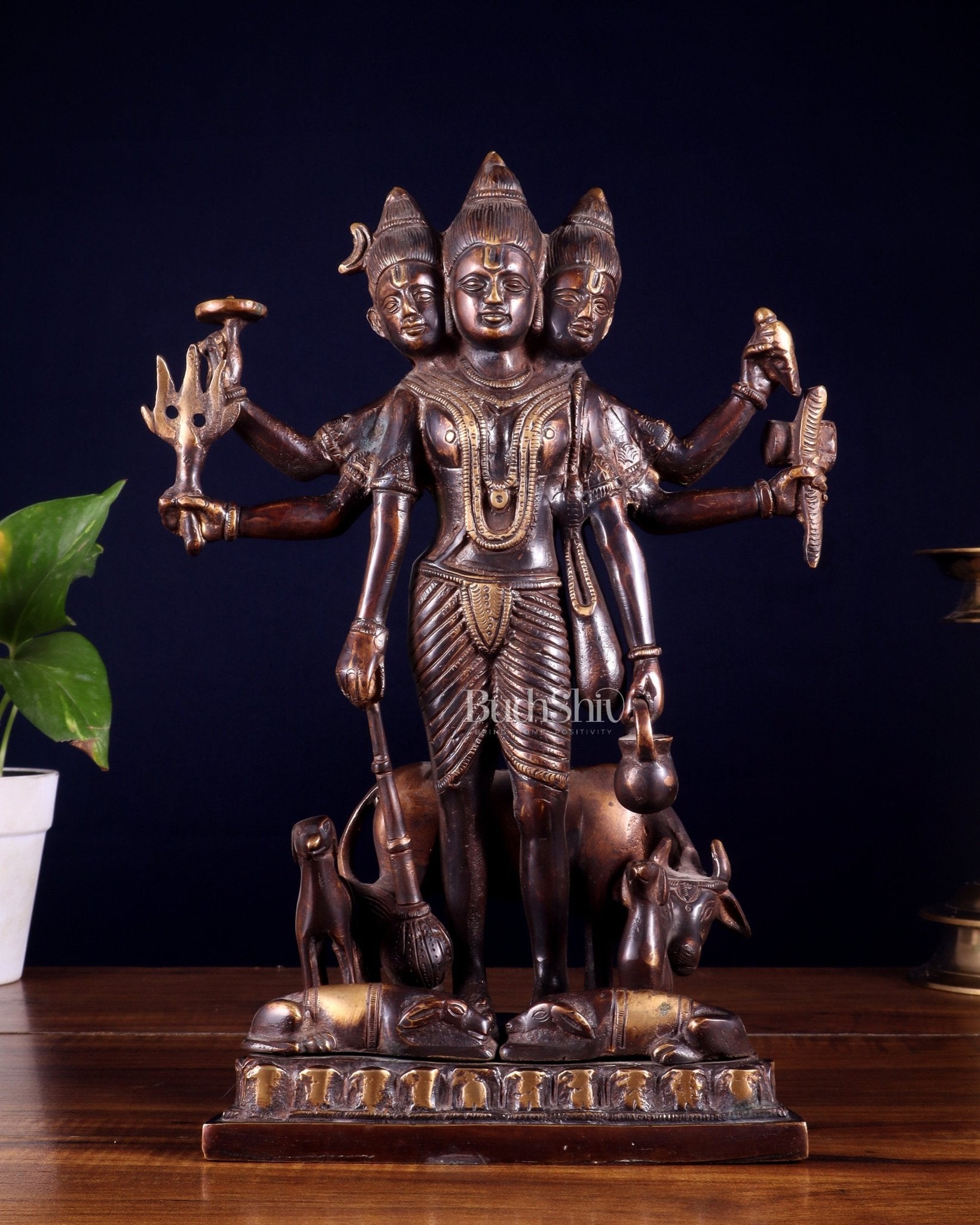Handcrafted Brass Dattatreya Idol - 12.5 Inch - Budhshiv.com