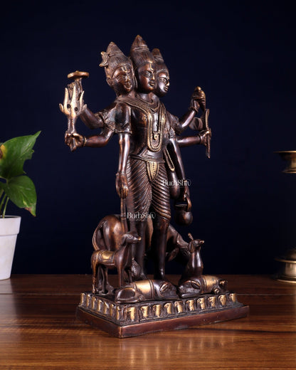 Handcrafted Brass Dattatreya Idol - 12.5 Inch - Budhshiv.com