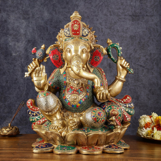Handcrafted Brass Ganapathi Statue on Lotus Base - 21 - inch Tall - Budhshiv.com