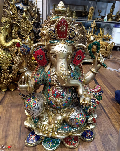 Handcrafted Brass Ganapathi Statue on Lotus Base - 21 - inch Tall - Budhshiv.com