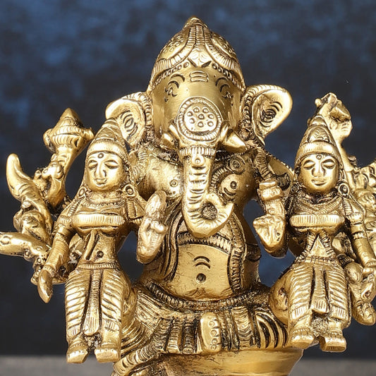 Handcrafted Brass Ganapathi with Wives Riddhi and Siddhi - 4.5 inches - Budhshiv.com