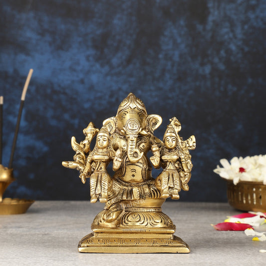 Handcrafted Brass Ganapathi with Wives Riddhi and Siddhi - 4.5 inches - Budhshiv.com