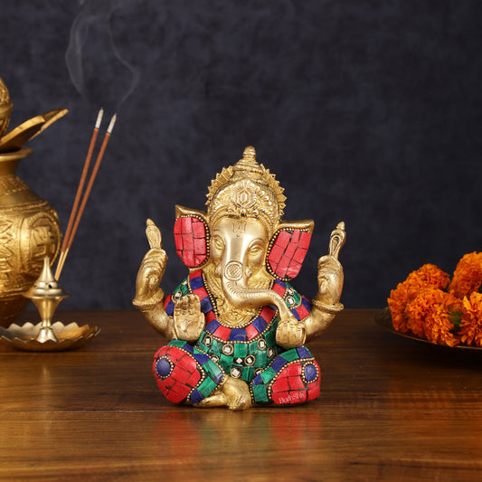 Handcrafted Brass Ganesha Idol with Golden Finish and Stonework - 6" Height - Budhshiv.com