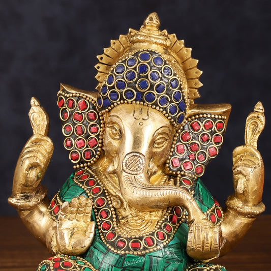 Handcrafted Brass Ganesha Idol with Golden Finish and Stonework, 6" High - Budhshiv.com