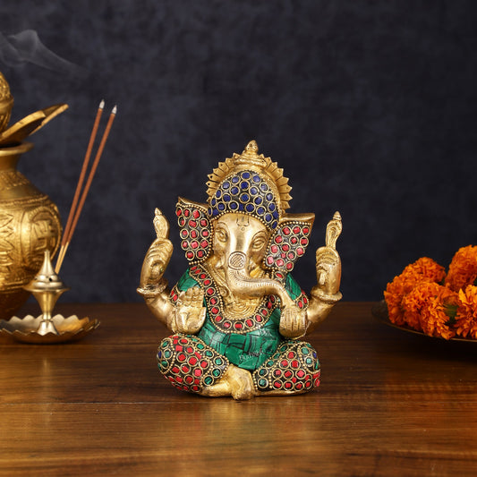 Handcrafted Brass Ganesha Idol with Golden Finish and Stonework, 6" High - Budhshiv.com