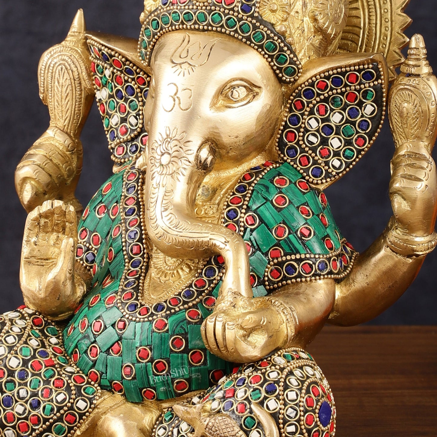 Handcrafted Brass Ganesha Idol with Meenakari Art - 8" Height, Natural Stones - Budhshiv.com