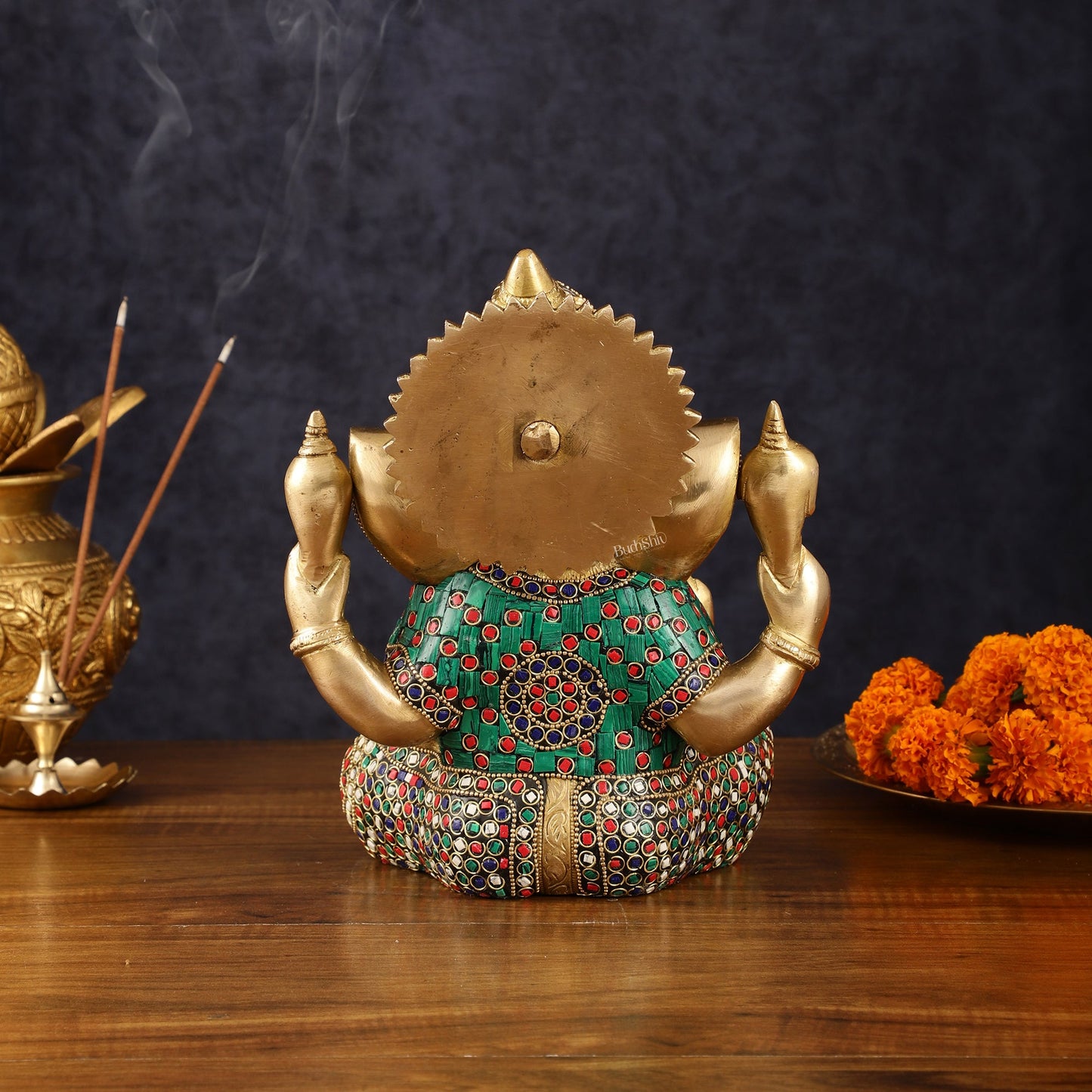 Handcrafted Brass Ganesha Idol with Meenakari Art - 8" Height, Natural Stones - Budhshiv.com