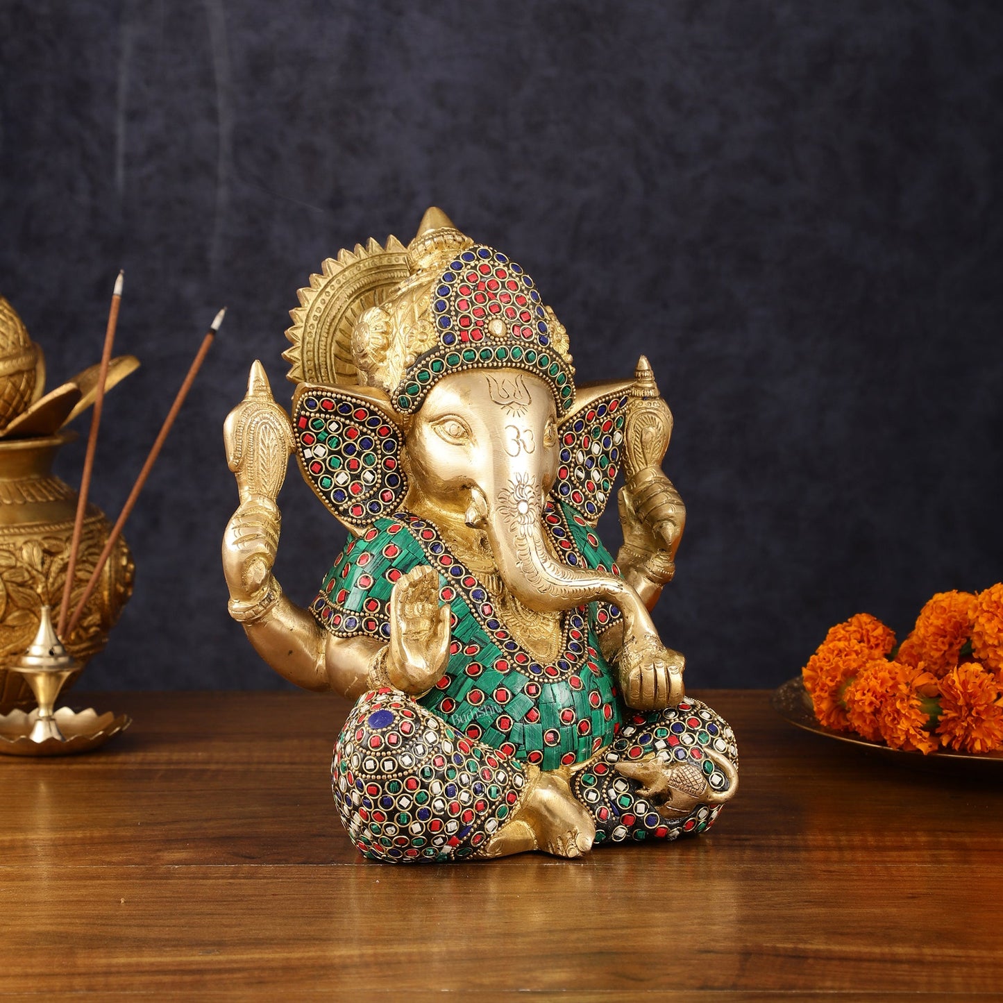 Handcrafted Brass Ganesha Idol with Meenakari Art - 8" Height, Natural Stones - Budhshiv.com