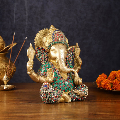 Handcrafted Brass Ganesha Idol with Meenakari Art - 8" Height, Natural Stones - Budhshiv.com