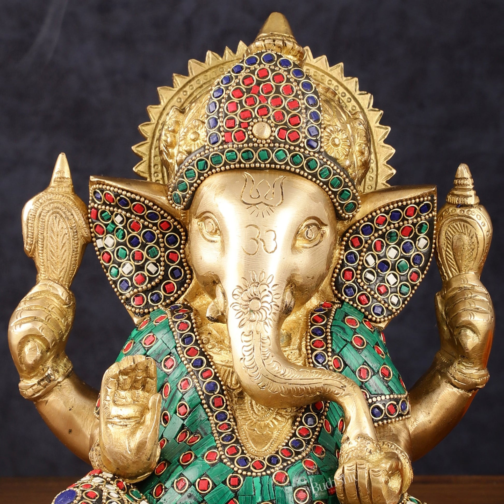 Handcrafted Brass Ganesha Idol with Meenakari Art - 8" Height, Natural Stones - Budhshiv.com
