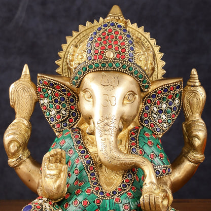 Handcrafted Brass Ganesha Idol with Meenakari Art - 8" Height, Natural Stones - Budhshiv.com