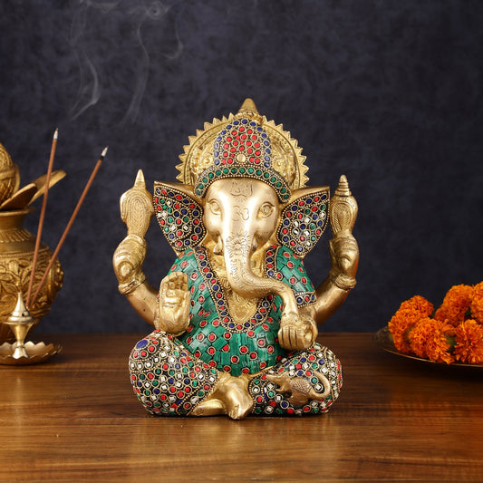 Handcrafted Brass Ganesha Idol with Meenakari Art - 8" Height, Natural Stones - Budhshiv.com