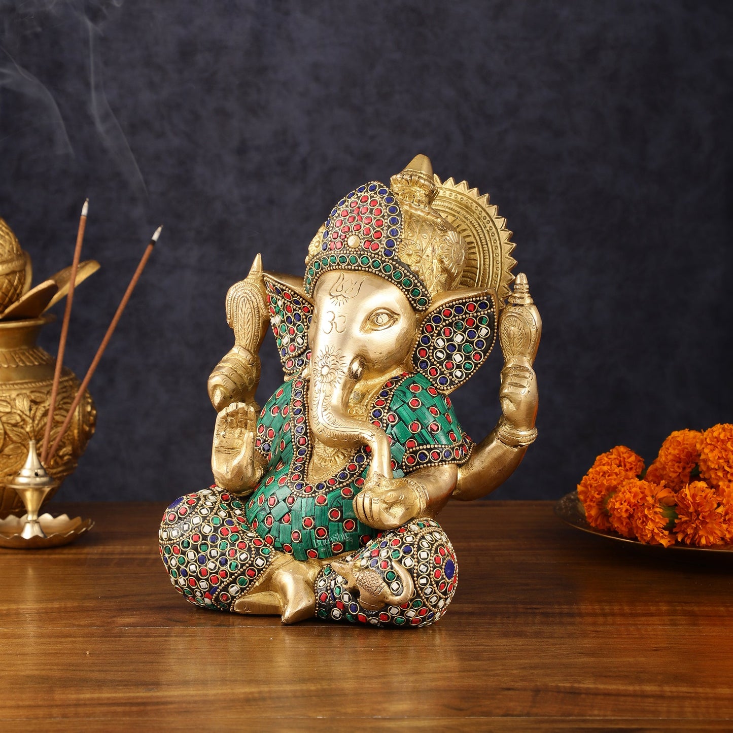 Handcrafted Brass Ganesha Idol with Meenakari Art - 8" Height, Natural Stones - Budhshiv.com