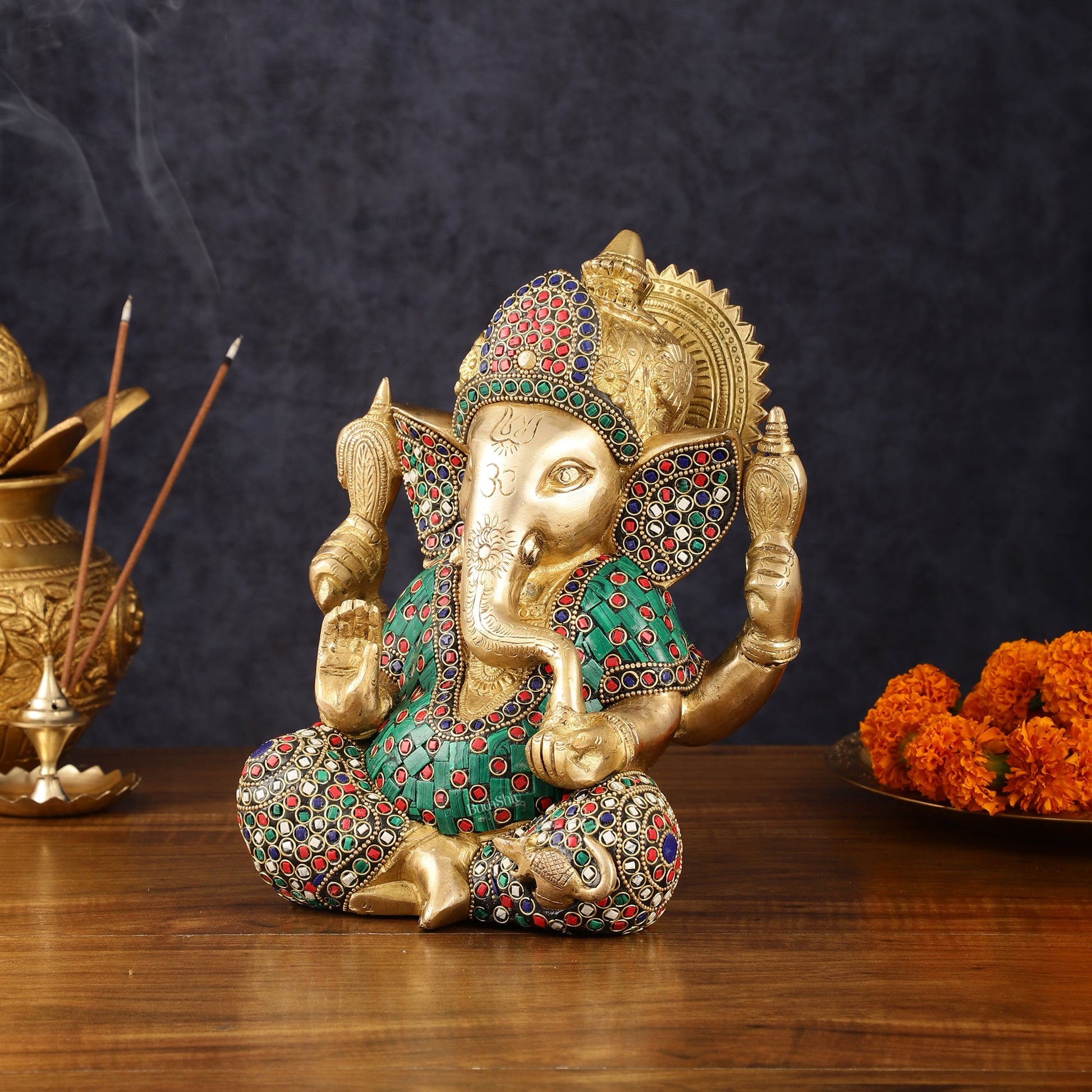Handcrafted Brass Ganesha Idol with Meenakari Art - 8" Height, Natural Stones - Budhshiv.com