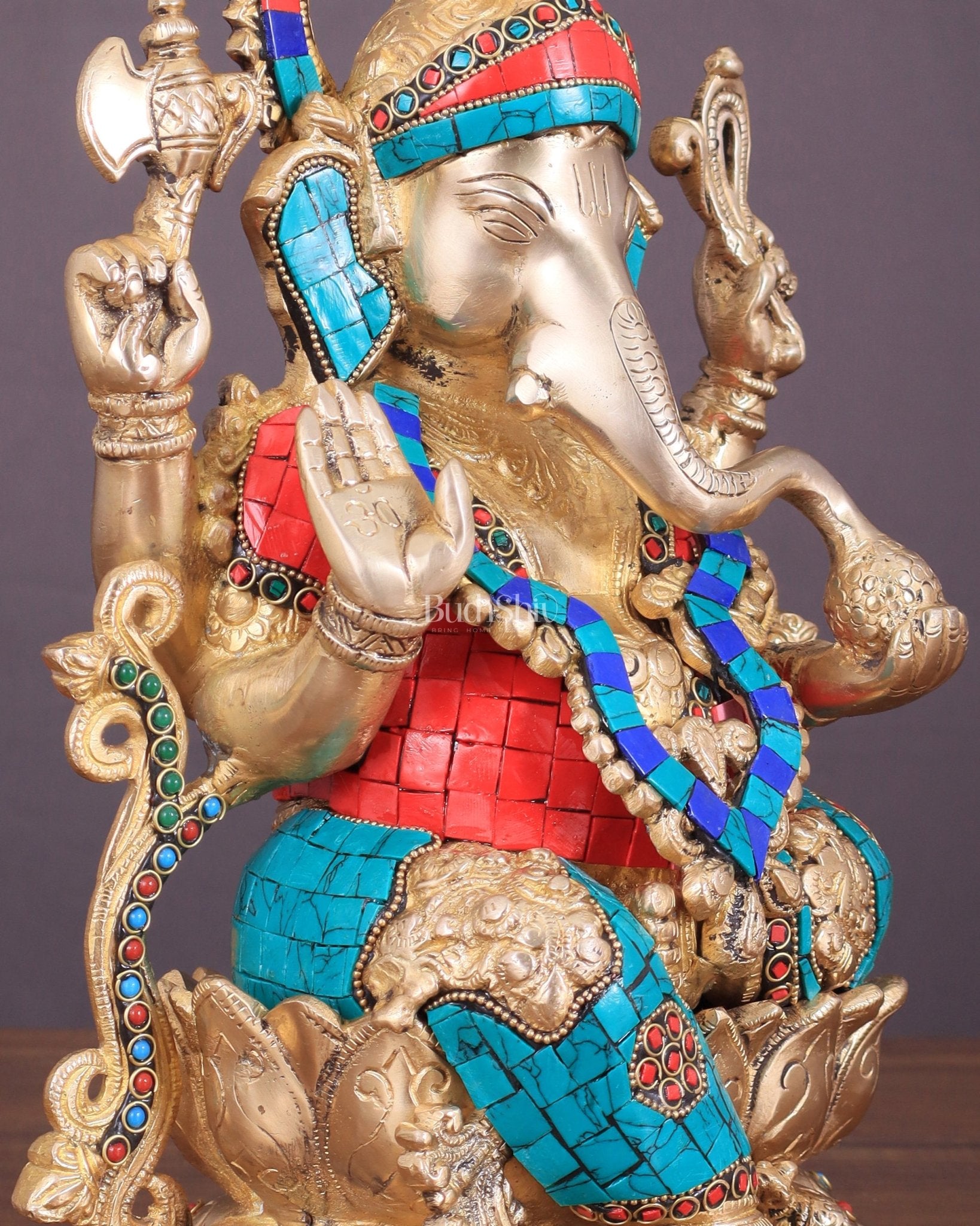 Handcrafted Brass Ganesha Idol with Meenakari Stonework - 12" - Budhshiv.com