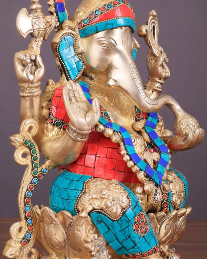 Handcrafted Brass Ganesha Idol with Meenakari Stonework - 12" - Budhshiv.com