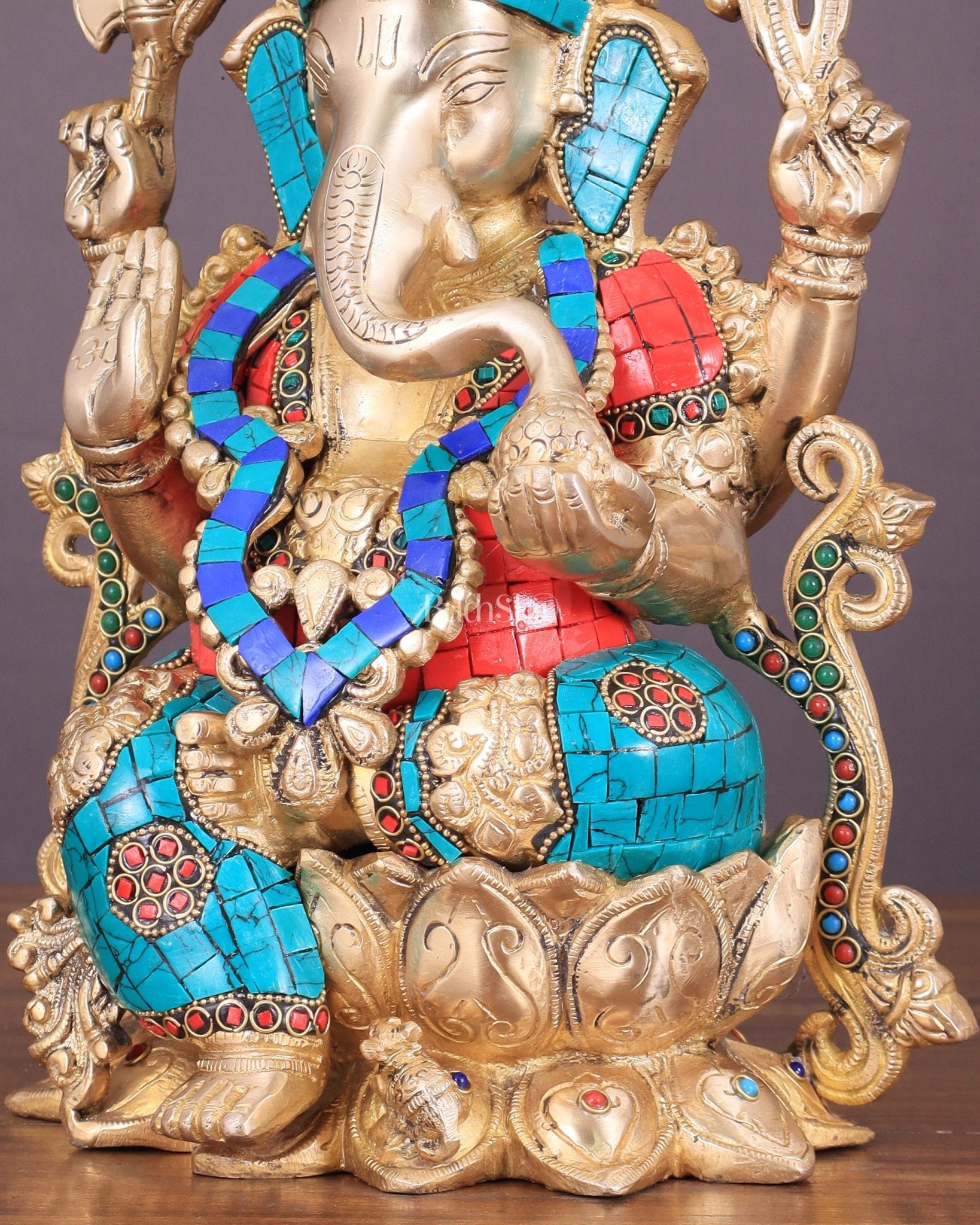 Handcrafted Brass Ganesha Idol with Meenakari Stonework - 12" - Budhshiv.com