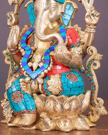 Handcrafted Brass Ganesha Idol with Meenakari Stonework - 12" - Budhshiv.com