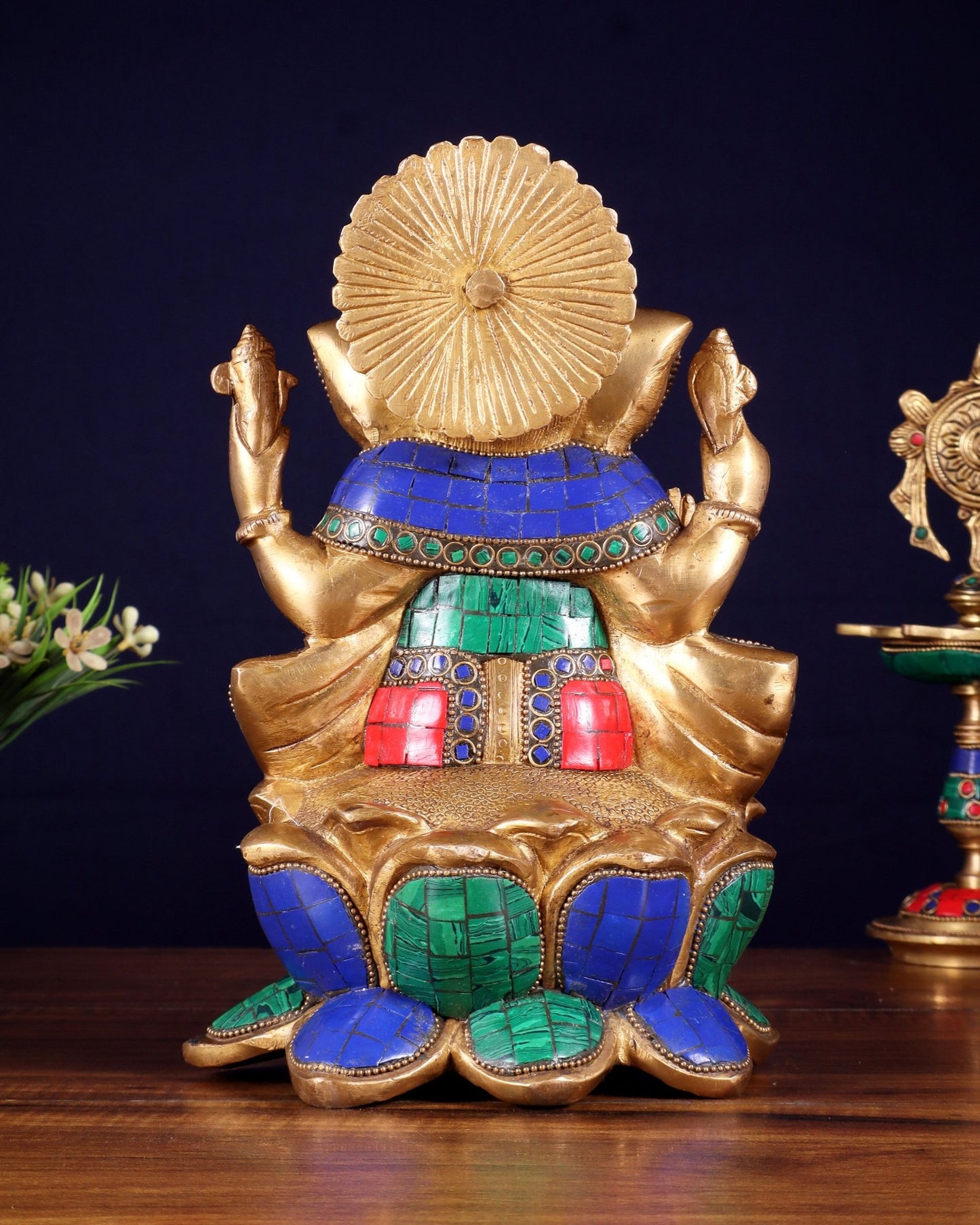 Handcrafted Brass Ganesha Idol with stonework - 10" - Budhshiv.com