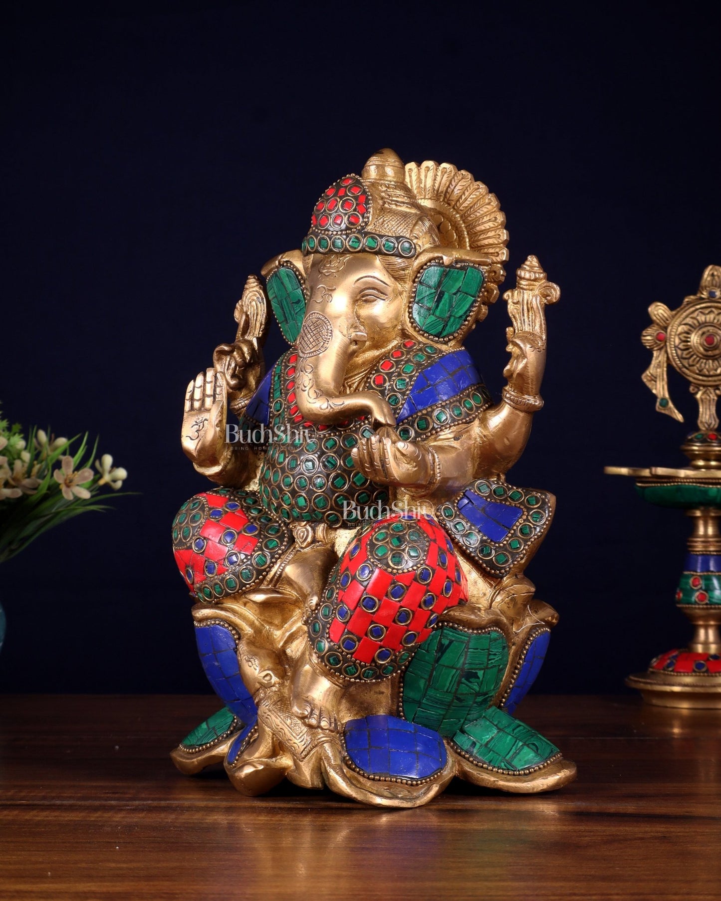 Handcrafted Brass Ganesha Idol with stonework - 10" - Budhshiv.com