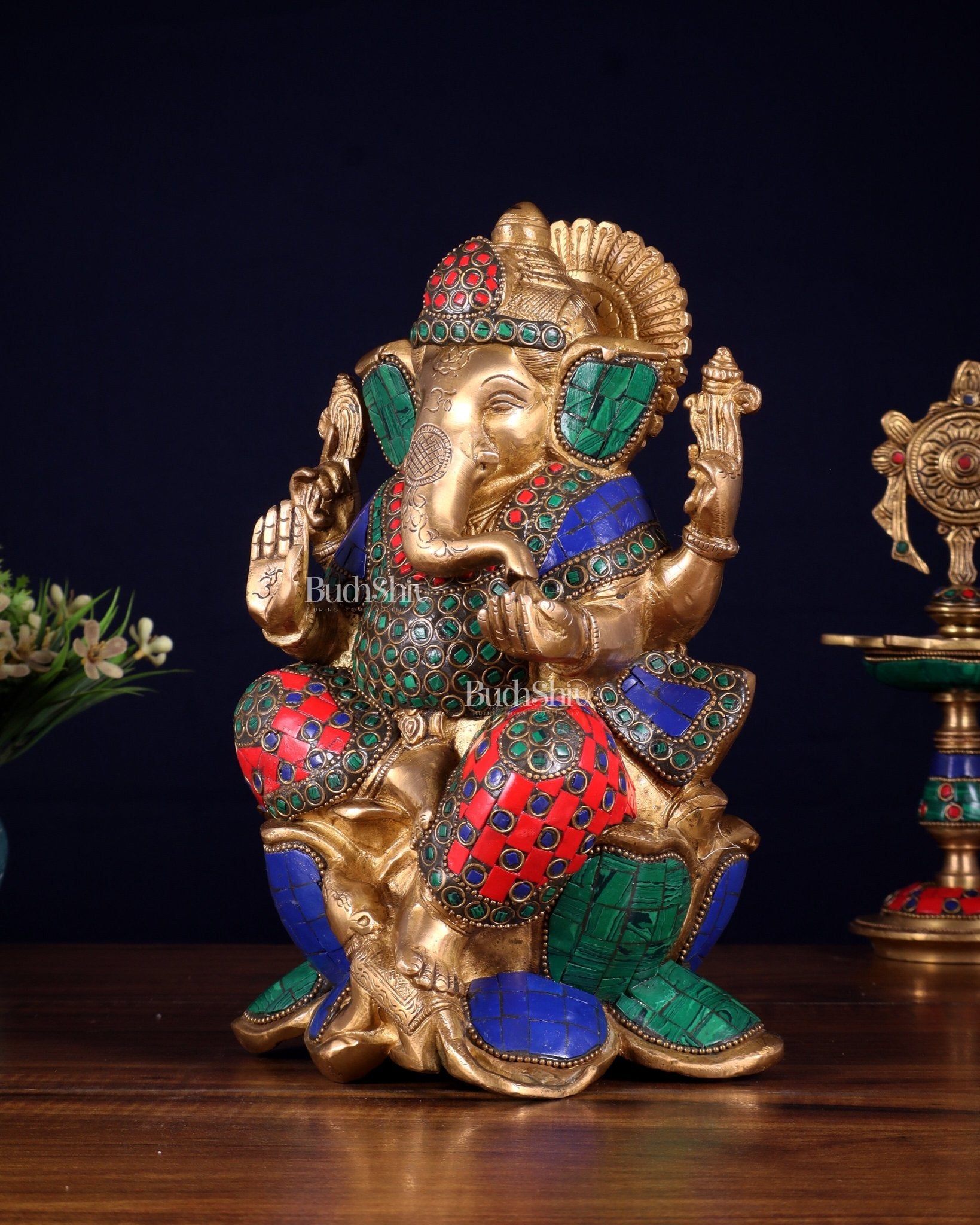 Handcrafted Brass Ganesha Idol with stonework - 10" - Budhshiv.com