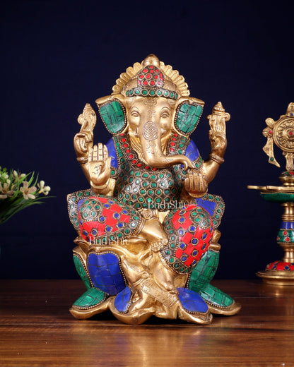 Handcrafted Brass Ganesha Idol with stonework - 10" - Budhshiv.com