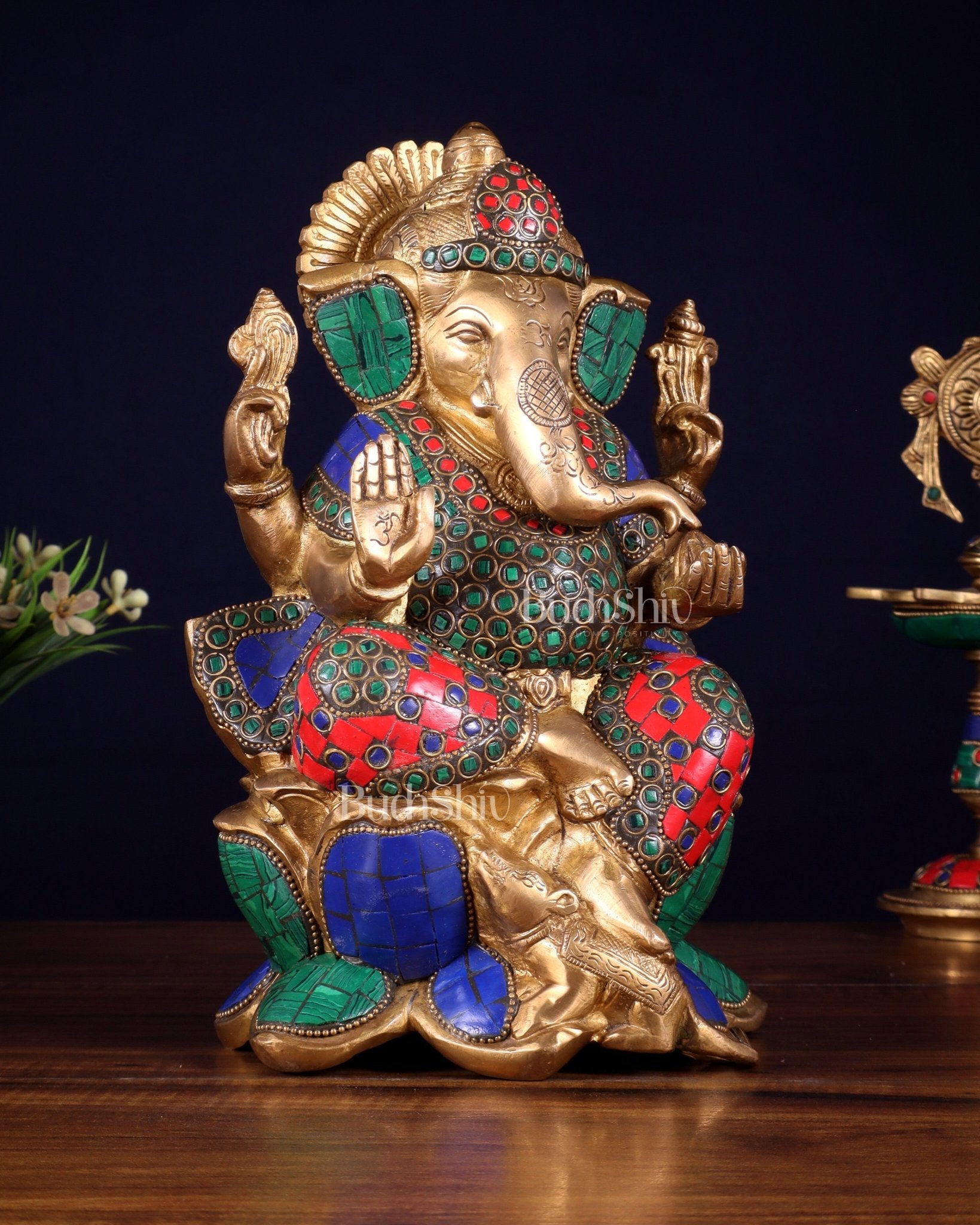 Handcrafted Brass Ganesha Idol with stonework - 10" - Budhshiv.com