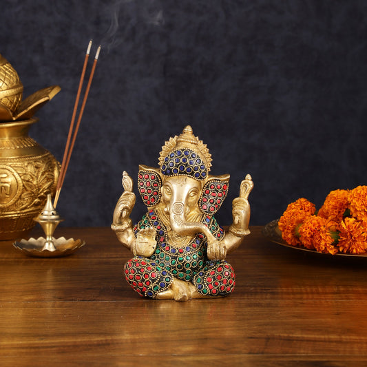 Handcrafted Brass Ganesha Idol with Stonework - 6" Height, Golden Finish - Budhshiv.com