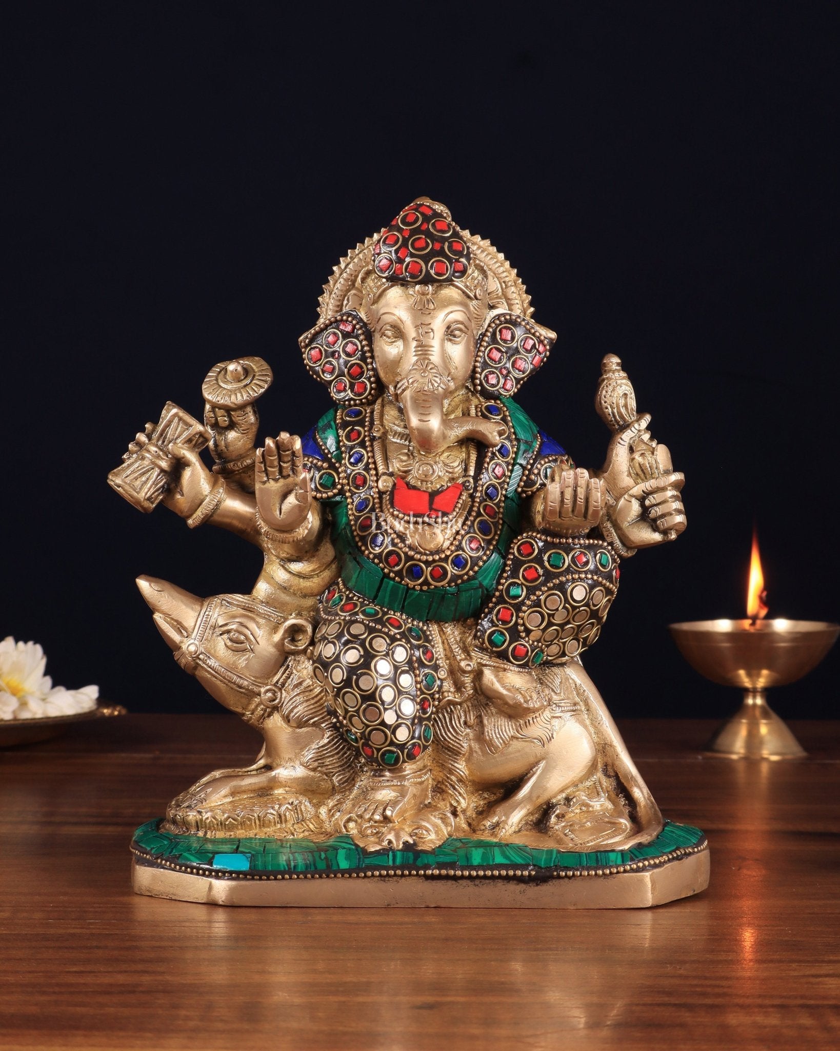 Handcrafted Brass Ganesha on Mooshak with Meenakari Stonework – 8.5" x 6.75" x 3.5" | Divine Elegance - Budhshiv.com