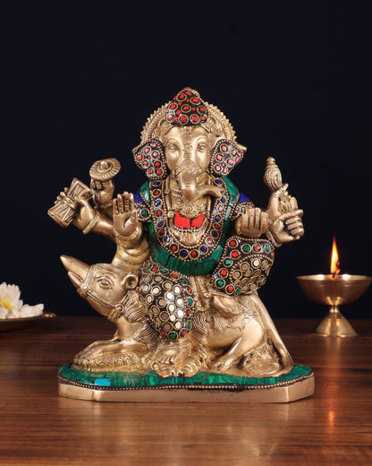 Handcrafted Brass Ganesha on Mooshak with Meenakari Stonework – 8.5" x 6.75" x 3.5" | Divine Elegance - Budhshiv.com