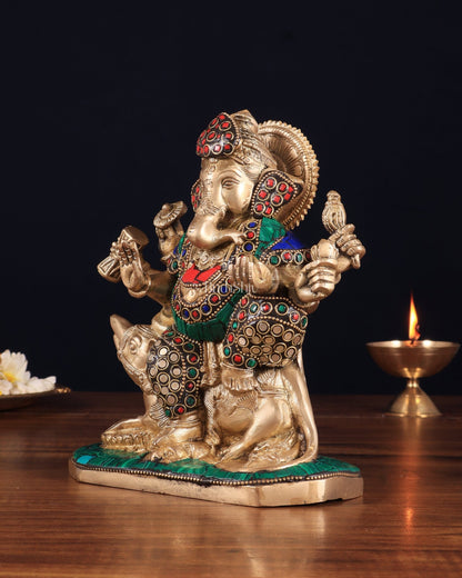 Handcrafted Brass Ganesha on Mooshak with Meenakari Stonework – 8.5" x 6.75" x 3.5" | Divine Elegance - Budhshiv.com